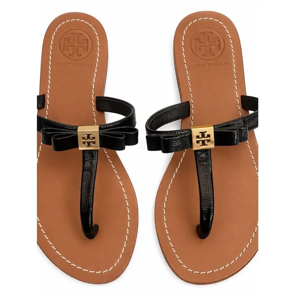 Tory Burch Black Patent Leather Bow Thong Sandals with Gold Logo